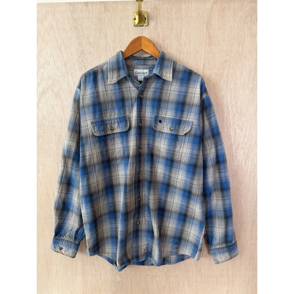Carhartt Mens Large Blue Grey Plaid Flannel Button Down Work Shirt Cotton